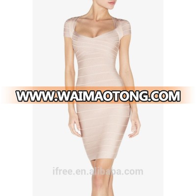 Cap sleeve bandage boat neck light apricot dress party dress