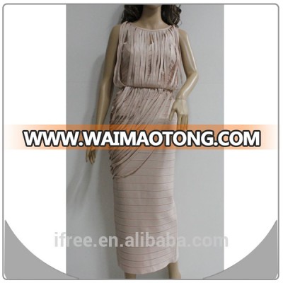 Apricot bandage tassel long style o neck evening cocktail dresses